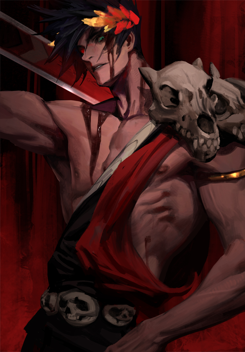 1boy, abs, armlet, bare_pecs, black_hair, black_sclera, blood, blood_on_face