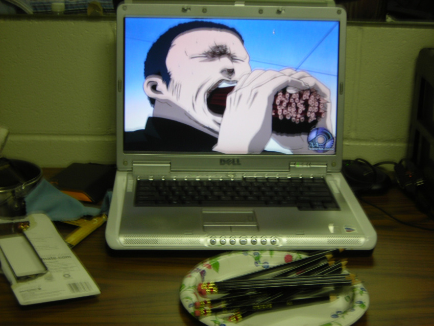 computer, cromartie, dell, eating, highres, laptop, lonely, parody, pencil, photo, sakigake!!_cromartie_koukou, school, what, wooden_pencil