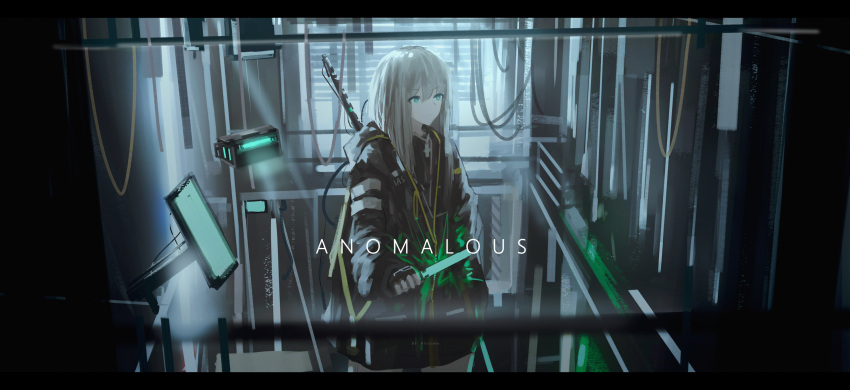 1girl, alcxome, artist_name, black_coat, blinds, coat, cowboy_shot, english_commentary