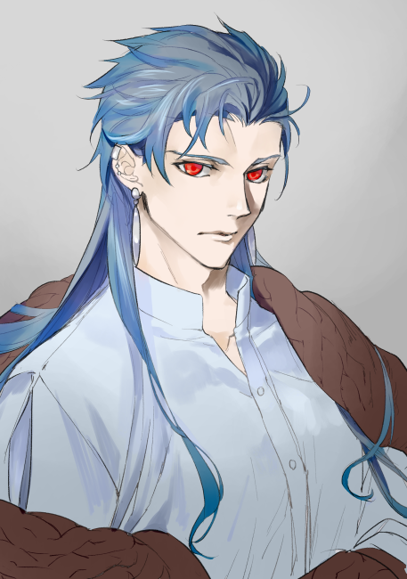 1boy, alternate_costume, blue_hair, buttons, close-up, cu_chulainn_(fate)_(all), cu_chulainn_(fate/grand_order), earrings
