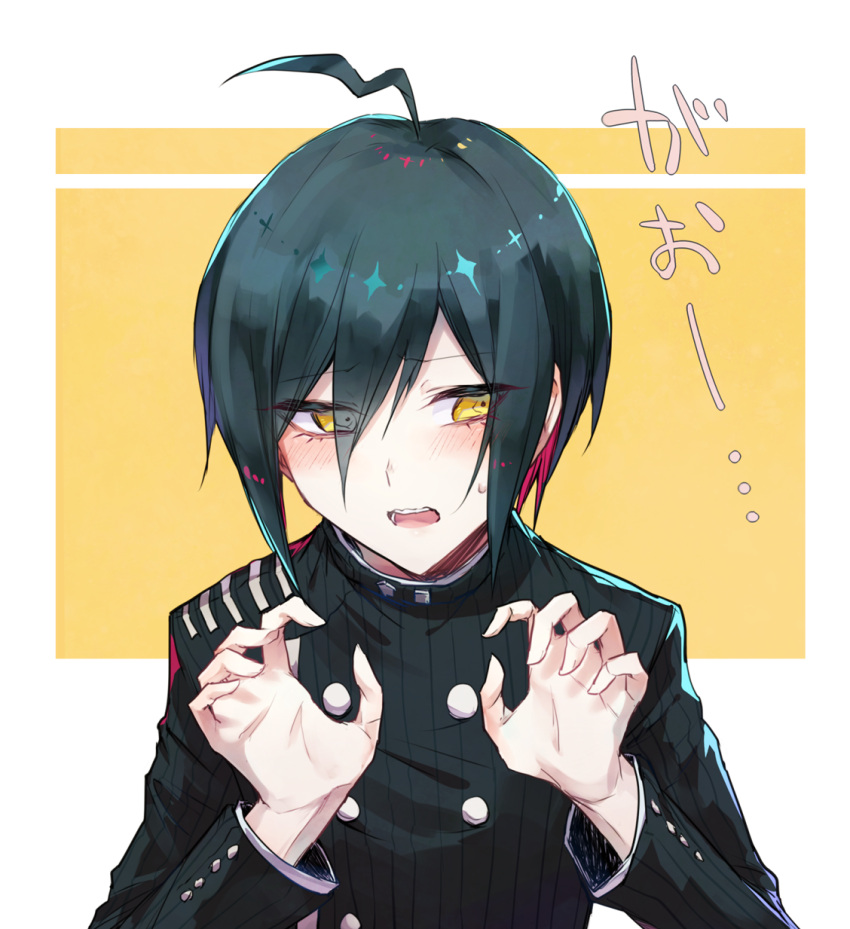 1boy, ahoge, bangs, black_hair, black_jacket, blush, brown_eyes, claw_pose