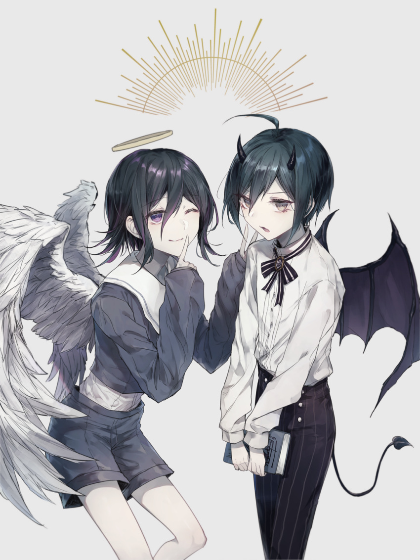 ahoge, alternate_costume, angel_and_devil, angel_wings, black_hair, black_horns, book, brown_eyes