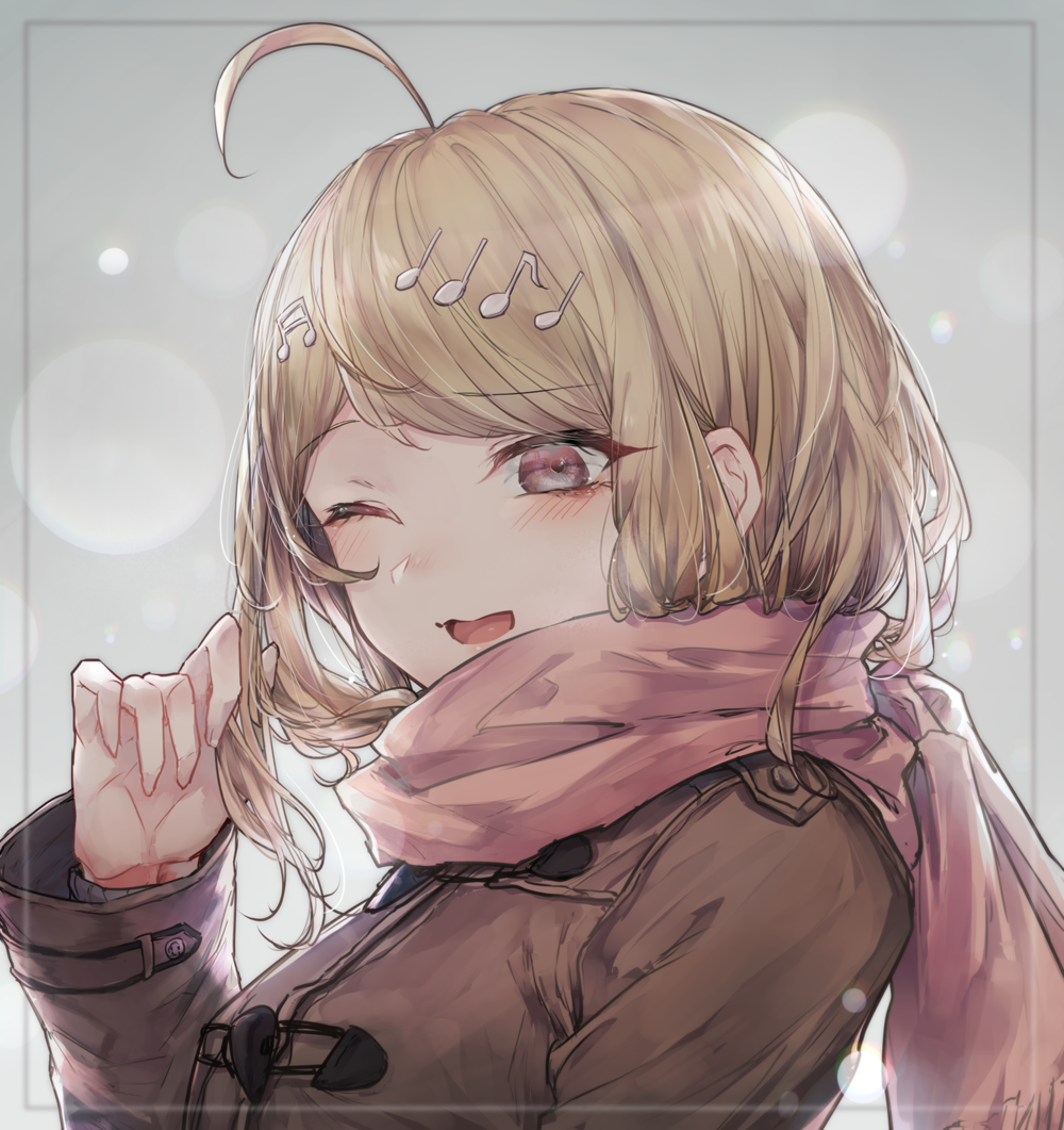 1girl, ;d, ahoge, akamatsu_kaede, bangs, blonde_hair, blush, brown_coat