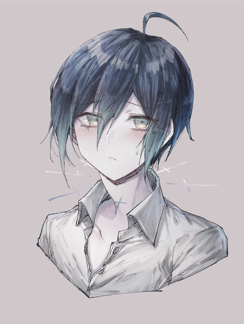 1boy, ahoge, androgynous, bangs, black_hair, blush, brown_eyes, closed_mouth, collarbone, collared_shirt, commentary_request, cropped_shoulders, dangan_ronpa_(series), dangan_ronpa_v3:_killing_harmony, face, frown, goto_(sep), grey_background, grey_shirt, hair_between_eyes, highres, looking_at_viewer, male_focus, saihara_shuuichi, shirt, short_hair, solo, sweatdrop, upper_body