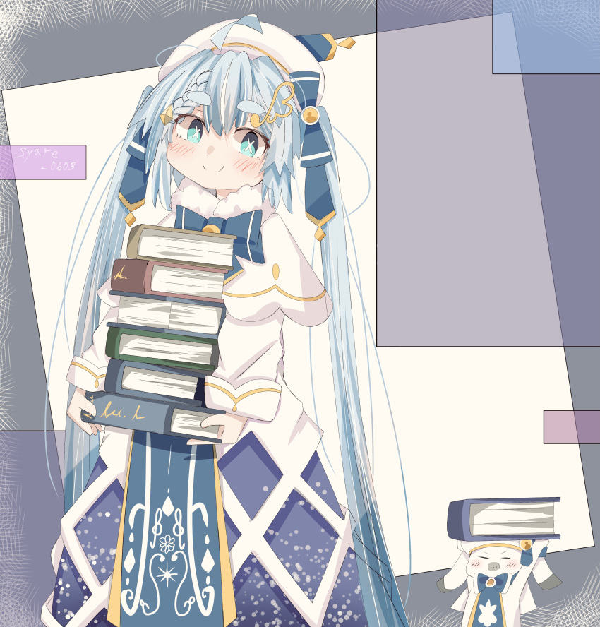 1girl, 1other, absurdres, aqua_eyes, arms_up, bass_clef, beret, blue_bow