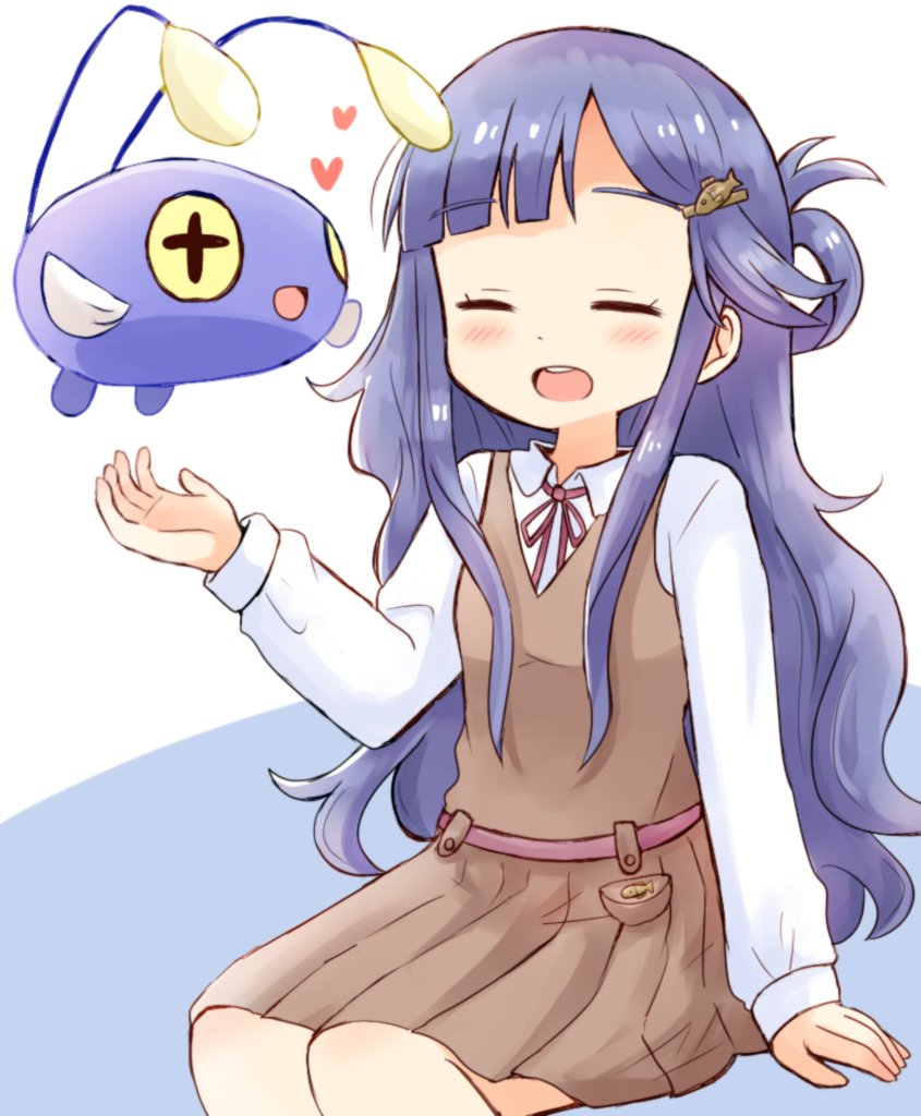 +_+, 1girl, :d, arm_support, asari_nanami, blue_background, blue_hair, blush