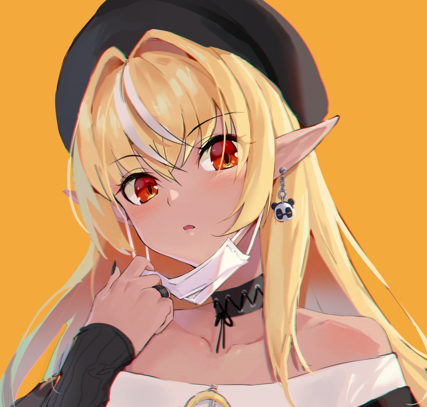 1girl, bangs, beret, black_headwear, black_nails, black_shirt, blonde_hair, brown_background