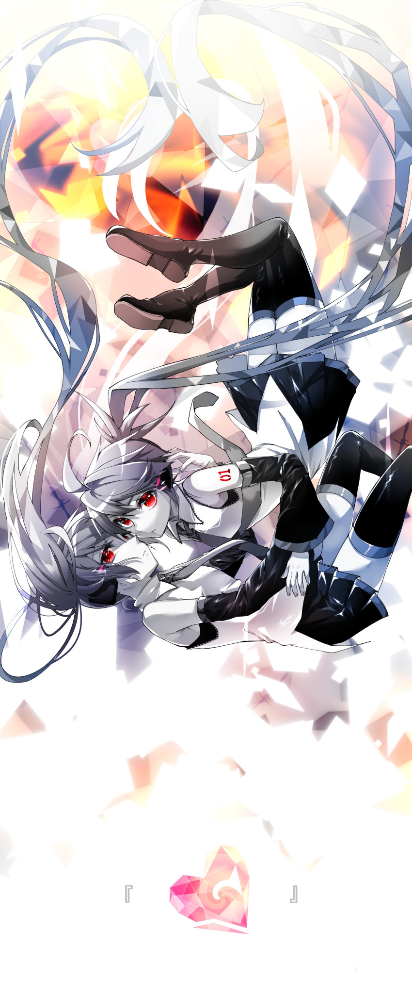 2girls, absurdly_long_hair, absurdres, bare_shoulders, black_legwear, black_skirt, black_sleeves, commentary, creator_connection, detached_sleeves, dual_persona, expressionless, falling, hatsune_miku, headphones, heart, heart_hair, heart_hair_duo, highres, hug, long_hair, looking_at_viewer, multiple_girls, necktie, partially_colored, red_eyes, shirayuki_towa, shirt, shoulder_tattoo, skirt, sleeveless, sleeveless_shirt, songover, tattoo, thigh-highs, twintails, unhappy_refrain_(vocaloid), unknown_mother_goose_(vocaloid), very_long_hair, vocaloid, white_shirt, zettai_ryouiki