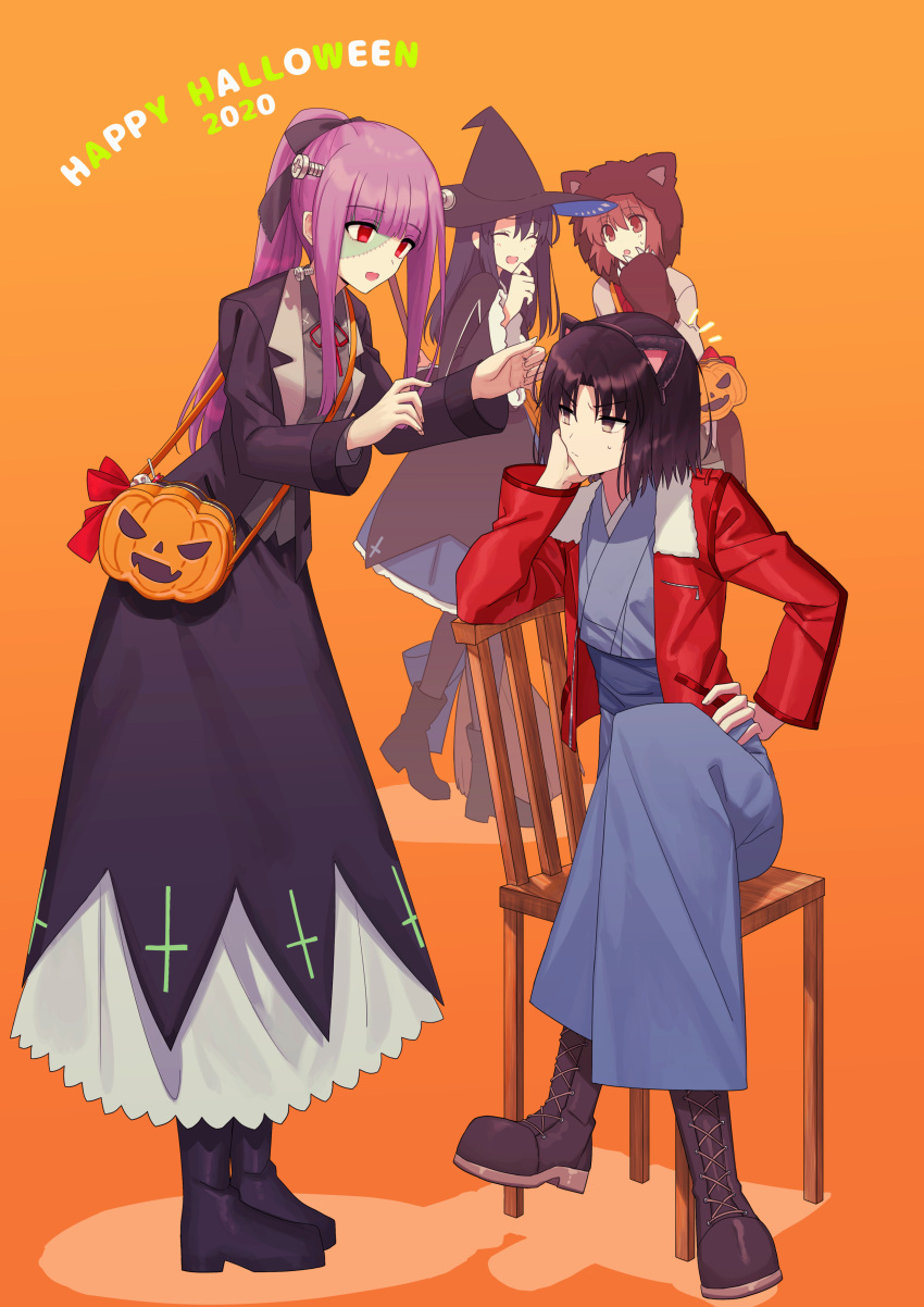4girls, absurdres, animal_ears, asagami_fujino, black_hair, boots, brown_eyes, cat_ears