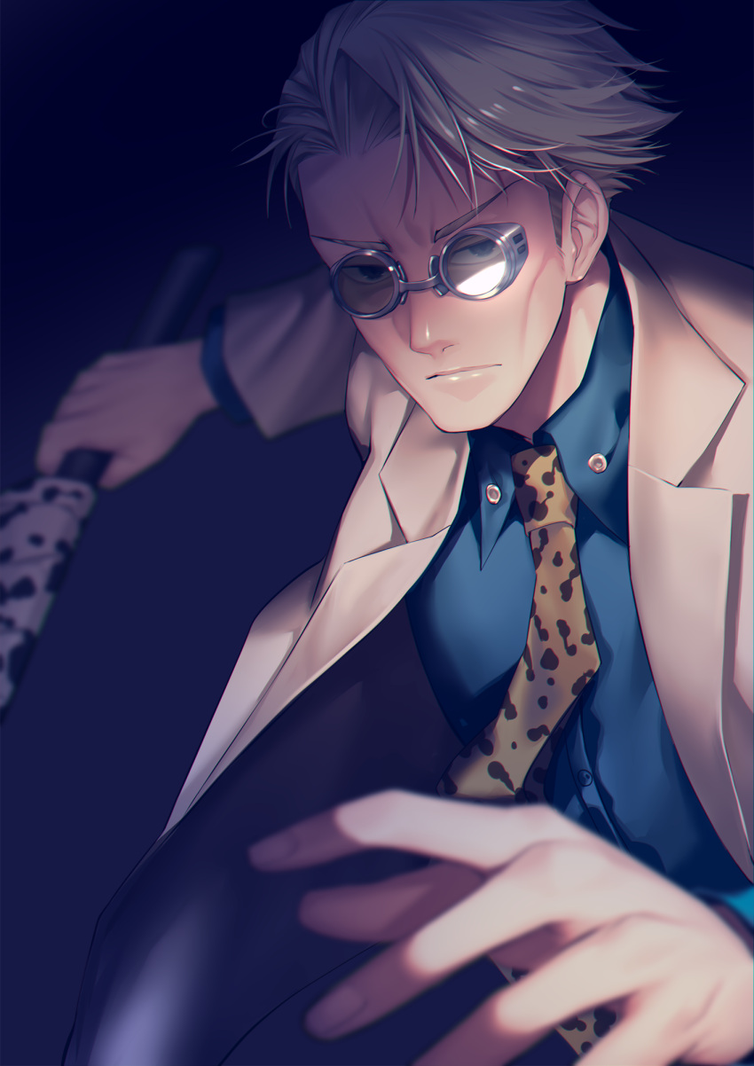 1boy, blue_shirt, blurry, cheekbones, closed_mouth, collared_shirt, commentary_request, depth_of_field