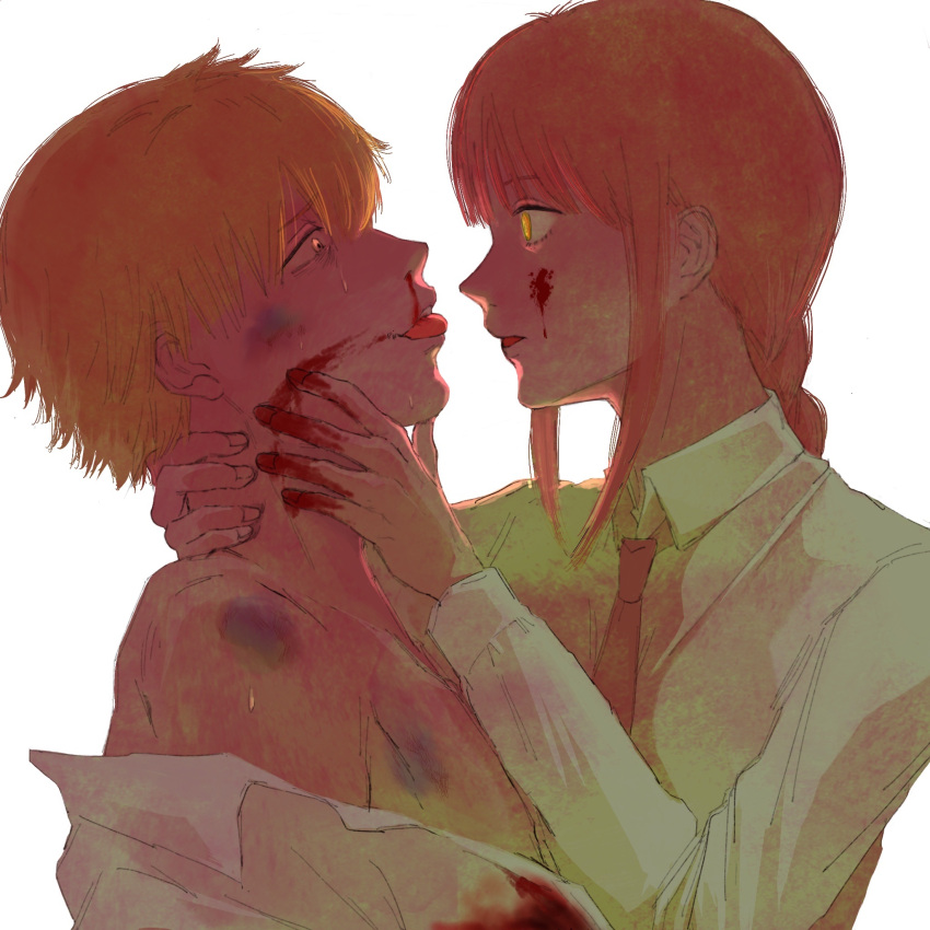 1boy, 1girl, bangs, black_neckwear, blood, blood_on_face, bloody_clothes, bloody_hands