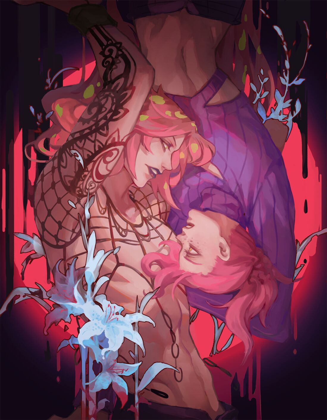 2boys, arm_tattoo, arm_up, arms_behind_head, bare_pecs, blue_flower, chain, cleavage_cutout