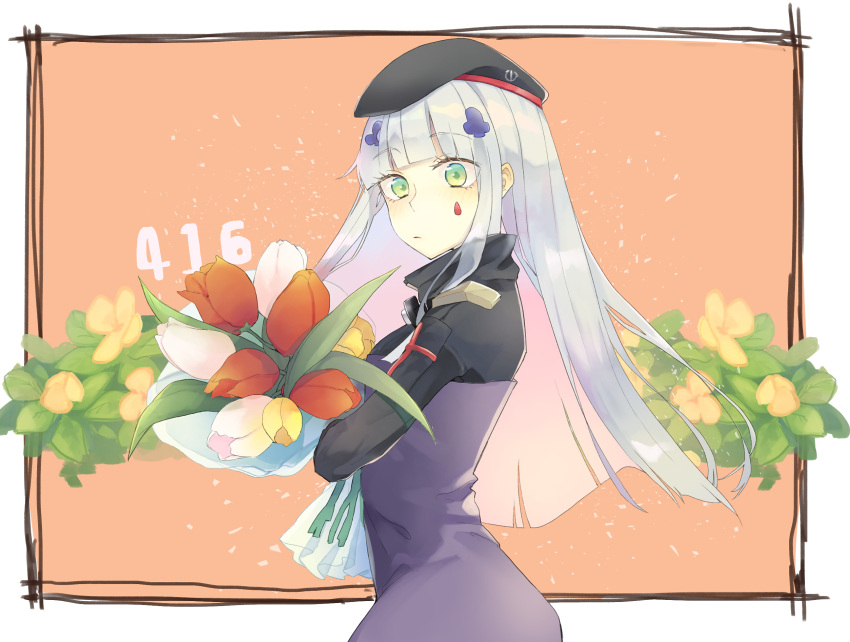 1girl, 416_day, beret, black_headwear, bouquet, facial_hair, flower, from_side