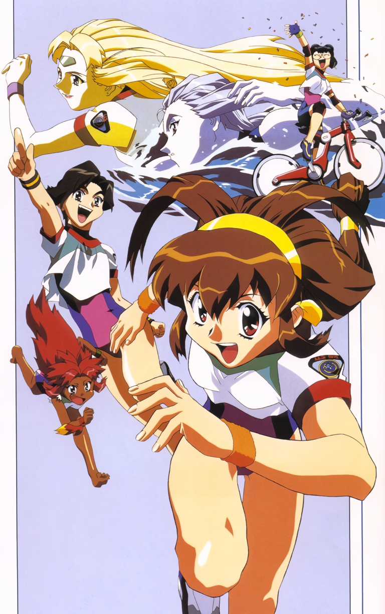 1990s_(style), anna_respighi, arm_up, ayla_v_roznovsky, bangs, barefoot, battle_athletes, bicycle, black_eyes, black_hair, blonde_hair, blue_eyes, brown_hair, closed_eyes, dark_skin, dark-skinned_female, fingerless_gloves, floating_hair, gloves, ground_vehicle, hairband, highres, jessie_gurtland, kanzaki_akari, knee_pads, long_hair, low-tied_long_hair, official_art, open_mouth, pointing, profile, red_eyes, redhead, riding, shoes, short_hair, short_sleeves, silver_hair, smile, sneakers, swimming, tanya_natdhipytadd, water, wristband, yanagida_ichino