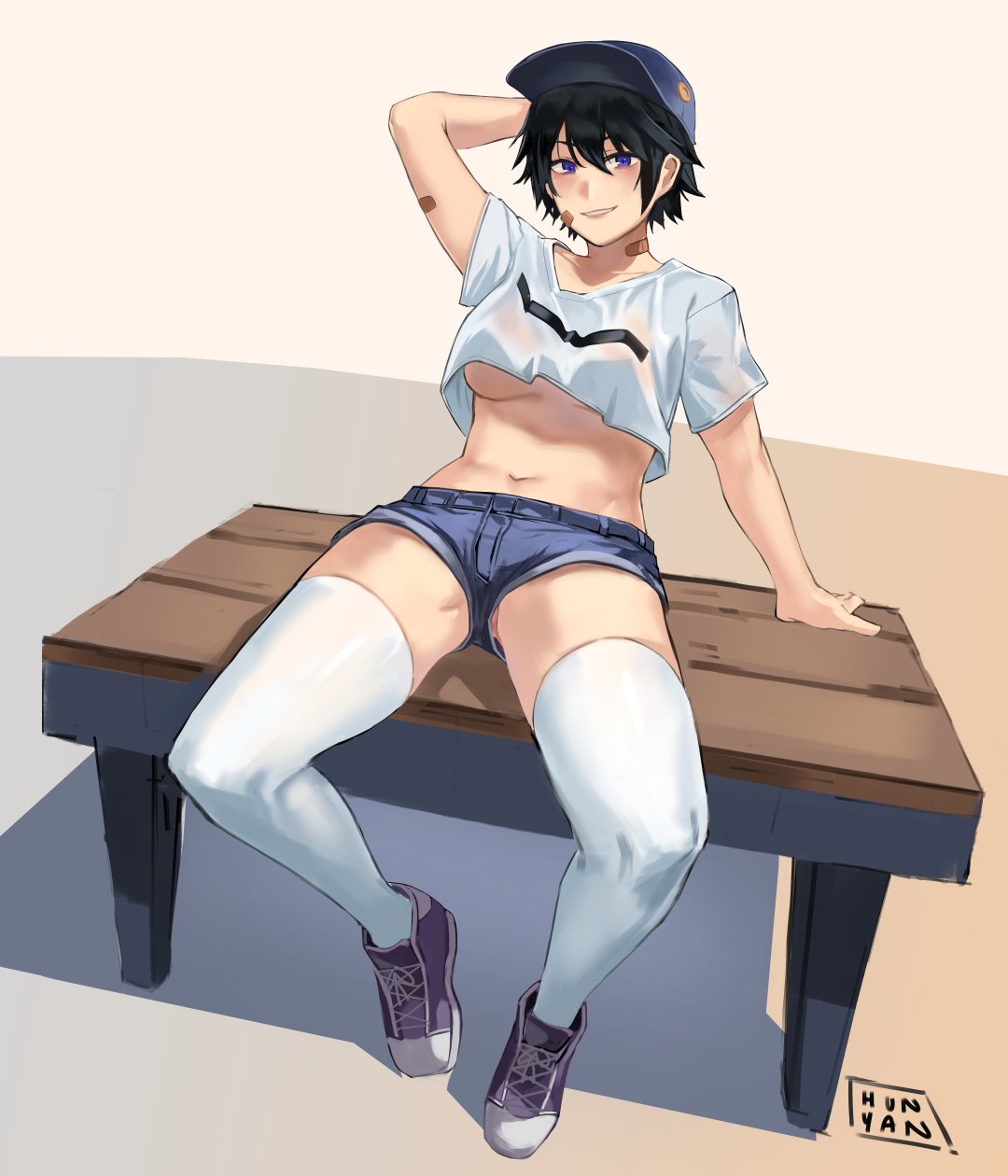 1girl, bandaid, bandaid_on_face, baseball_cap, bench, black_hair, blush, breasts