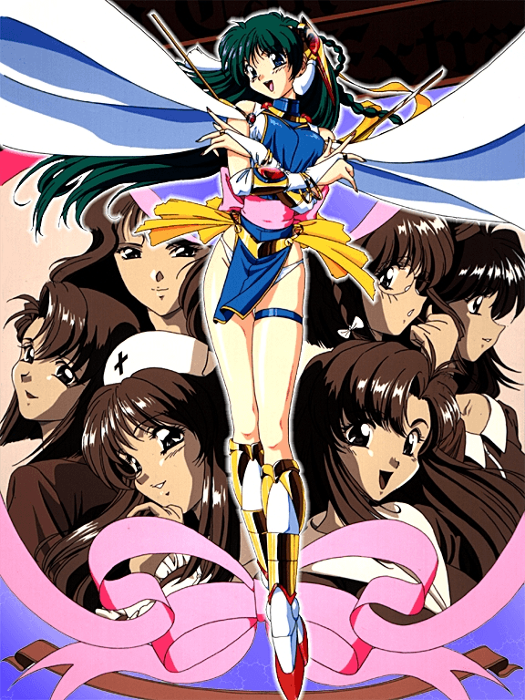 1990s_(style), 6+girls, bangs, blue_eyes, bracelet, braid, bridal_gauntlets, can_can_bunny, can_can_bunny_extra, crossed_arms, green_hair, hair_ornament, hat, jewelry, long_hair, multiple_girls, nurse_cap, official_art, open_mouth, parted_lips, pelvic_curtain, ribbon, smile, swatty_(can_can_bunny), thigh_strap