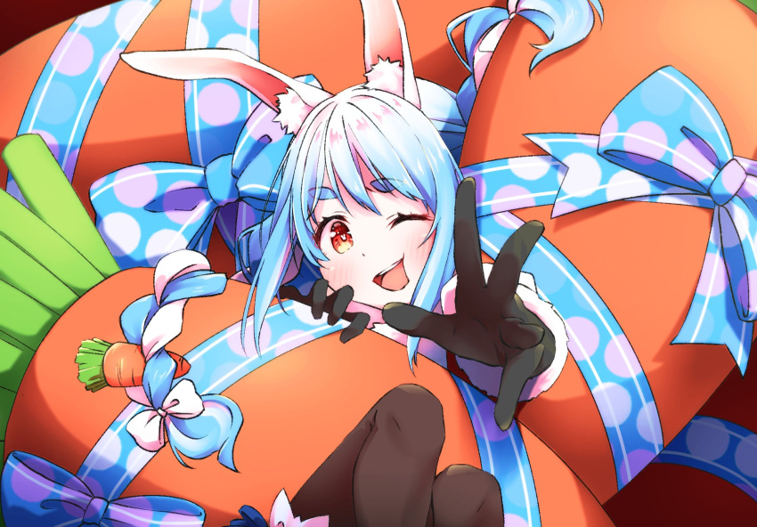1girl, :d, ;d, animal_ear_fluff, animal_ears, bangs, black_gloves, black_legwear
