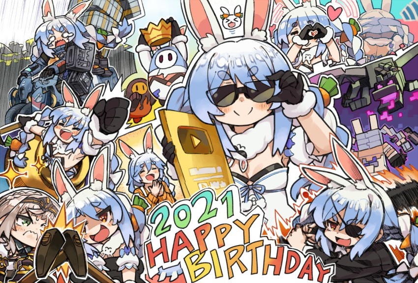 2021, 2girls, andromedako, animal_ear_fluff, animal_ears, armpits, bangs, black_gloves, black_leotard, blue_hair, bow, braid, breasts, carrot, carrot_hair_ornament, closed_mouth, coat, commentary_request, cosplay, covering_eyes, creature, death_stranding, detached_sleeves, diadem, don-chan_(usada_pekora), ender_dragon, english_text, extra_ears, eyebrows_visible_through_hair, fall_guy, fall_guys, food_themed_hair_ornament, fur-trimmed_coat, fur-trimmed_gloves, fur_trim, getting_over_it, gloves, golden_cauldron, green_eyes, hair_ornament, hammer, happy_birthday, heart, heart_hands, highres, holding, holding_weapon, hololive, itsuki_tasuku, laughing, leotard, long_hair, majima_gorou, majima_gorou_(cosplay), minecraft, multicolored_hair, multiple_girls, multiple_persona, multiple_views, nayutan_sei_kara_no_buttai, nousagi_(usada_pekora), open_mouth, orange_eyes, orange_sweater, pekomama, rabbit_ears, rabbit_girl, sam_porter_bridges, sam_porter_bridges_(cosplay), scarf, shirogane_noel, smile, smug, solid_oval_eyes, strapless, strapless_leotard, sunglasses, sweater, symbol_in_eye, thick_eyebrows, translucent_hair, twin_braids, two-tone_hair, usada_pekora, usada_pekora_(cosplay), virtual_youtuber, weapon, white_coat, white_hair, youtube_creator_award