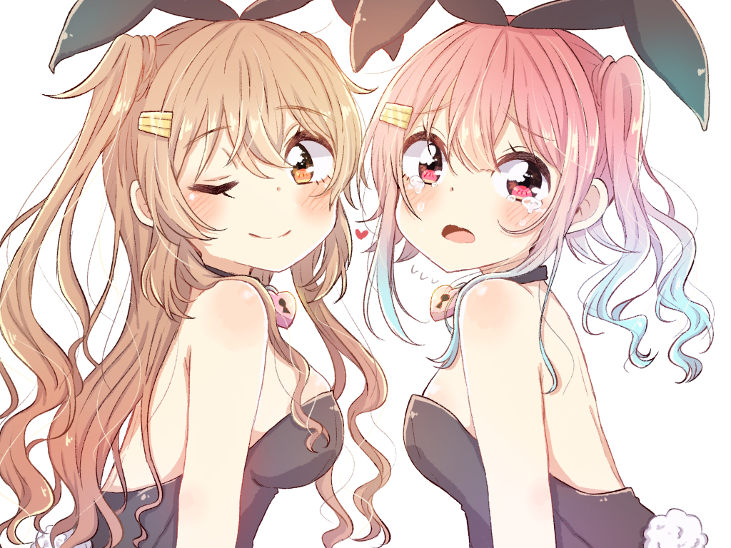 2girls, alternate_hairstyle, animal_ears, black_leotard, blue_hair, breasts, brown_eyes, bunny_tail