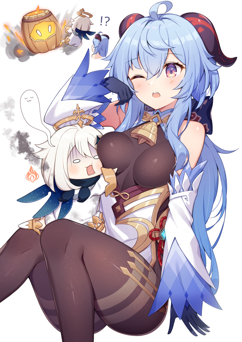 2girls, absurdres, ahoge, arm_up, bare_shoulders, barrel, bell, black_gloves