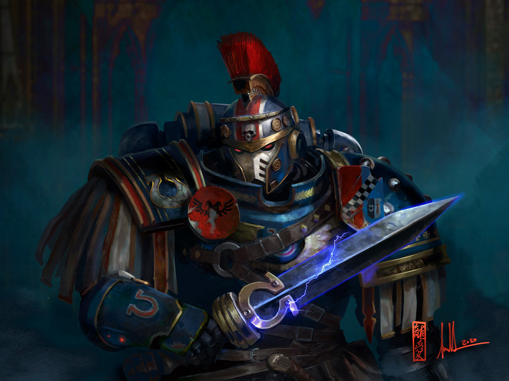 commission, david-sondered, gladius, power_armor, red_eyes, space_marines, sword, ultramarines, warhammer_40k, weapon