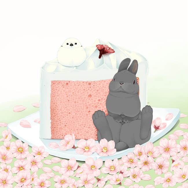animal_focus, bird, cake, chick, chiffon_cake, commentary_request, flower_request, food