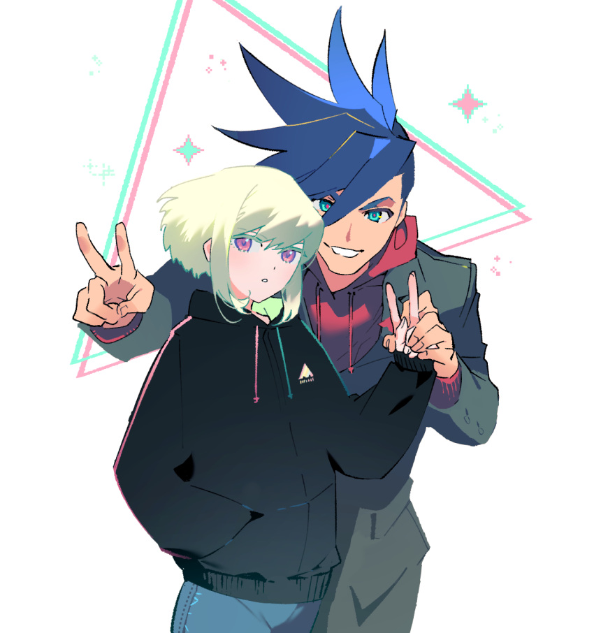 2boys, androgynous, aqua_eyes, black_hoodie, blue_hair, denim, double_v, galo_thymos