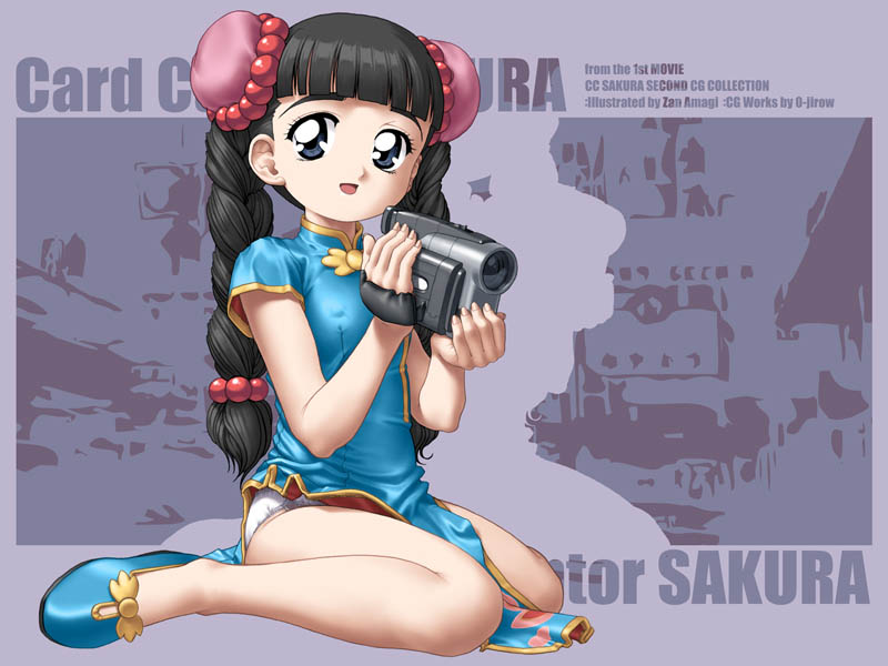 black_hair, blue_eyes, braid, bun_cover, camcorder, camera, card_captor_sakura, cardcaptor_sakura