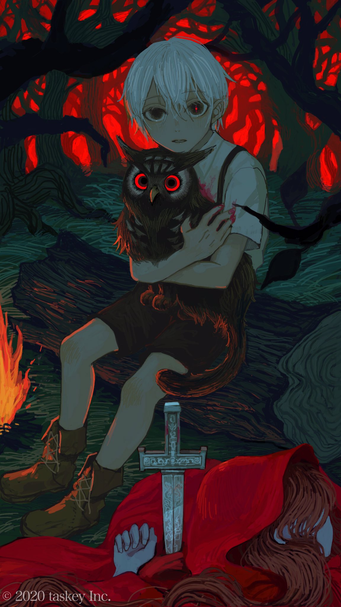 1boy, 1girl, animal, animal_hug, bird, black_eyes, blood, blood_on_fingers, bloody_clothes, bloody_hands, brown_footwear, brown_hair, brown_shorts, campfire, cat, cloak, dagger, eyebrows_visible_through_hair, fingernails, fire, flame, glowing, hair_between_eyes, highres, holding, holding_animal, hood, hood_up, hooded_cloak, hug, log, long_hair, looking_at_viewer, nature, original, outdoors, owl, parted_lips, planted, planted_weapon, red_cloak, red_eyes, red_pupils, shida_7, shorts, sitting, tree, weapon, white_hair