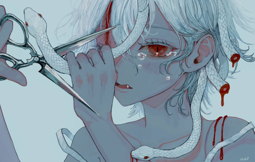 1girl, animal, biting, bleeding, blood, blood_on_arm, blood_on_face, blush