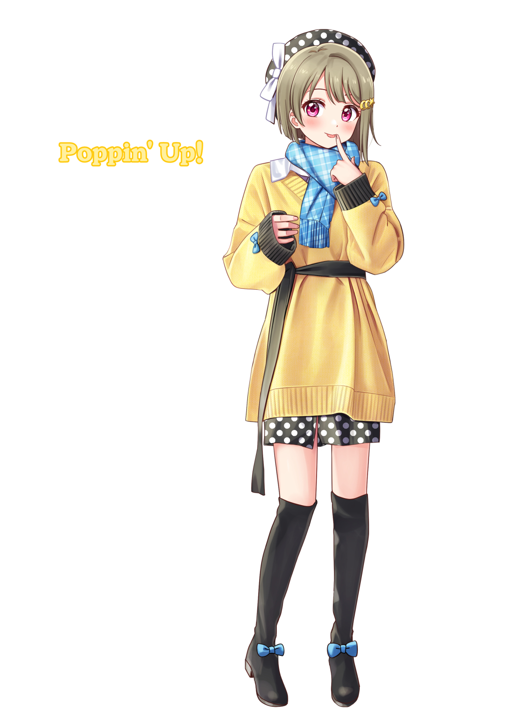 :p, alternate_costume, blue_ribbon, blue_scarf, boots, deadnooodles, full_body, hair_ornament