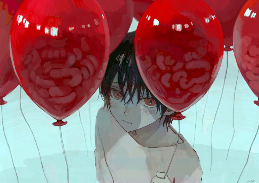 1boy, balloon, black_hair, blush, closed_mouth, hair_between_eyes, highres, holding