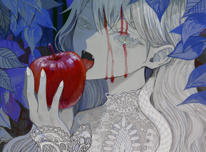 1girl, animal, apple, blood, blood_on_face, blush, cropped, dripping
