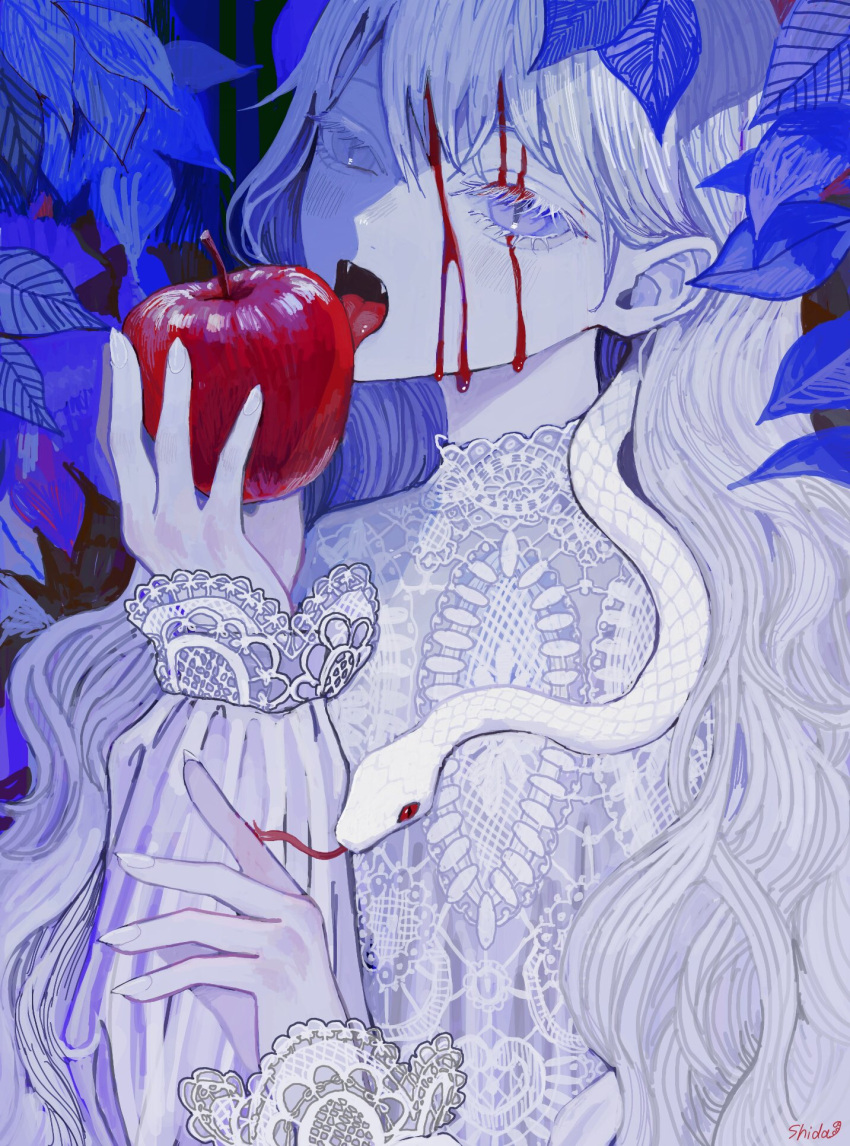 1girl, animal, apple, blood, blood_on_face, blue_eyes, blush, dripping