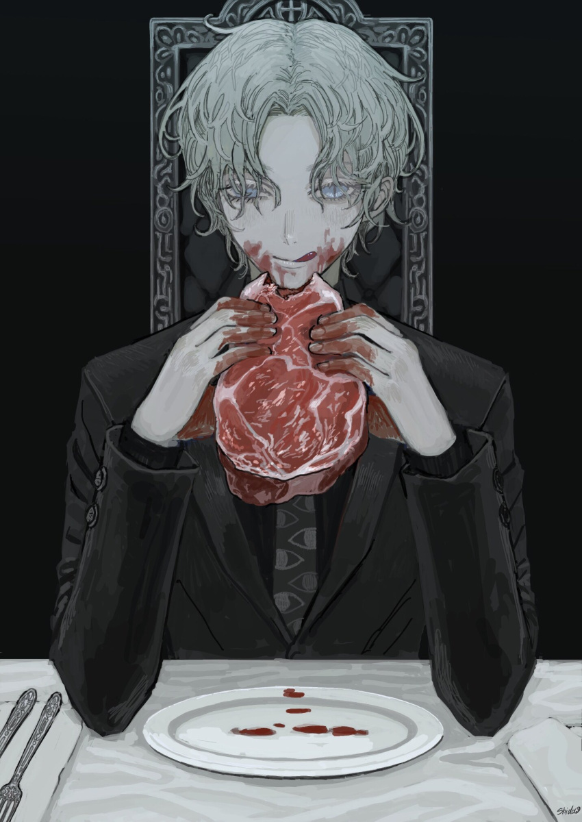 1boy, black_neckwear, blood, blood_on_face, bloody_hands, blue_eyes, chair, closed_mouth