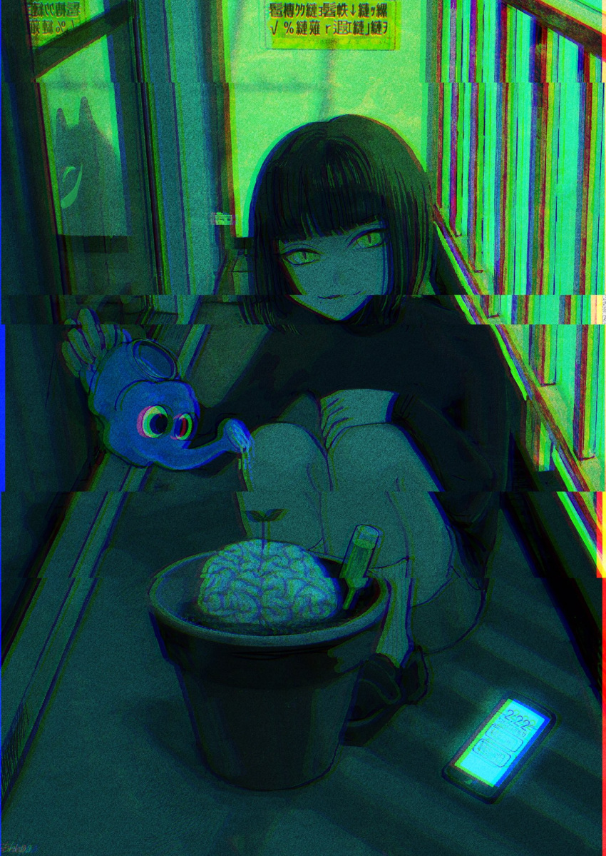 1girl, bangs, black_footwear, black_hair, blunt_bangs, bob_cut, brain, cellphone