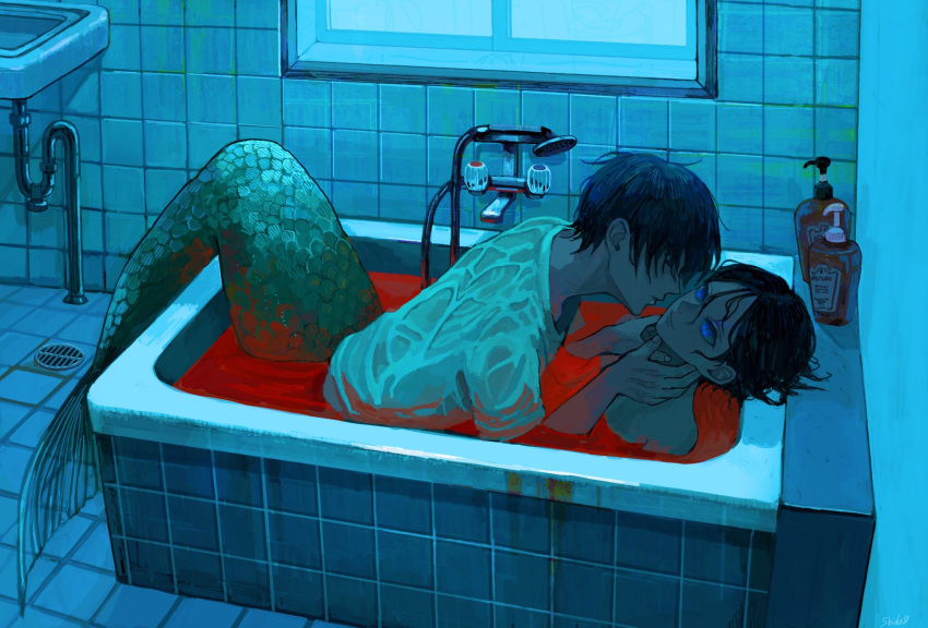 2boys, bathroom, bathtub, black_eyes, black_hair, blood, bloody_clothes, blue_eyes, bottle, closed_mouth, drain_(object), fingernails, hands_on_another's_neck, highres, indoors, looking_at_another, male_focus, merman, monster_boy, multiple_boys, original, parted_lips, partially_submerged, scales, shida_7, sink, slit_pupils, tile_floor, tile_wall, tiles, wet, wet_clothes, window