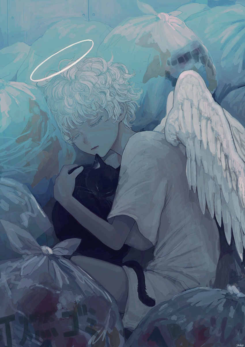 1boy, angel, angel_wings, animal, animal_hug, black_cat, cat, closed_eyes