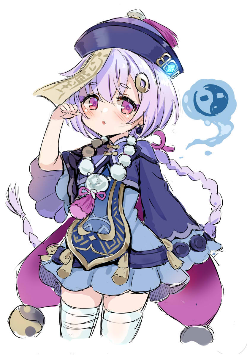 1girl, :o, bandaged_leg, bandages, bangs, bead_necklace, beads, blue_dress