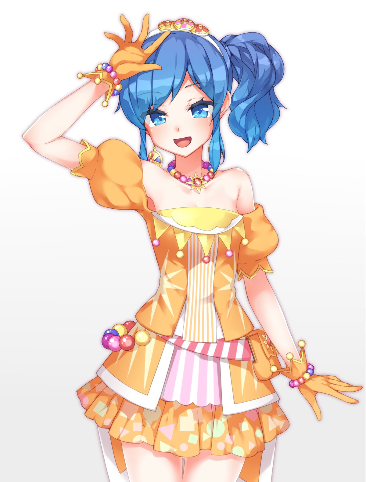 1girl, :d, aikatsu!, aikatsu!_(series), arm_over_head, arm_up, armpit_peek, bare_legs