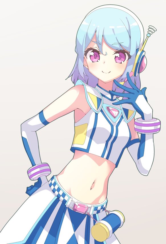 1girl, aikatsu!_(series), aikatsu_friends!, aikatsu_on_parade!, arm_up, armpit_crease, bare_shoulders, blue_hair