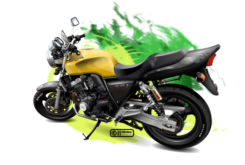 artist_name, from_side, ground_vehicle, handlebar, honda, honda_cb400, kickstand, motor_vehicle, motorcycle, nimbus_goldbrum, no_humans, original, rear-view_mirror, vehicle_focus