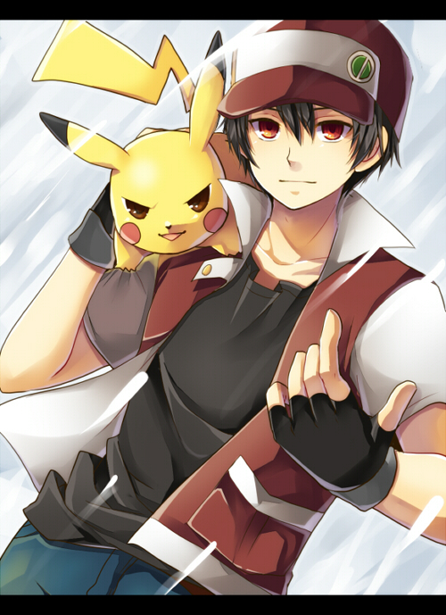 1boy, bangs, baseball_cap, black_gloves, black_hair, black_shirt, brown_eyes, closed_mouth, commentary_request, fingerless_gloves, gen_1_pokemon, gloves, hat, jacket, male_focus, mokorei, on_shoulder, pants, pikachu, pixiv_red, pokemon, pokemon_(creature), pokemon_on_shoulder, shirt, short_hair, short_sleeves