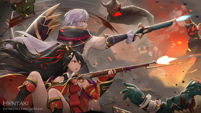2girls, bandaged_arm, bandages, bangs, bare_shoulders, black_cape, black_footwear, black_gloves, black_hair, boots, cape, commentary, detached_sleeves, dragalia_lost, english_commentary, eyebrows_visible_through_hair, fingerless_gloves, firing, gloves, gun, hair_between_eyes, hentaki, holding, holding_gun, holding_weapon, knee_boots, long_hair, long_sleeves, looking_away, looking_to_the_side, monster, multiple_girls, nobunaga_(dragalia_lost), open_mouth, outdoors, ponytail, puffy_long_sleeves, puffy_sleeves, red_eyes, red_gloves, rifle, shirt, silver_hair, smoke, v-shaped_eyebrows, very_long_hair, weapon, white_shirt, wide_sleeves, yellow_eyes, yoshitsune_(dragalia_lost)