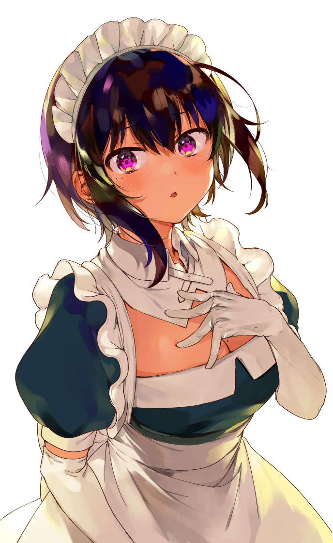 1girl, apron, black_hair, blush, breasts, commentary_request, dark_skin, dark-skinned_female