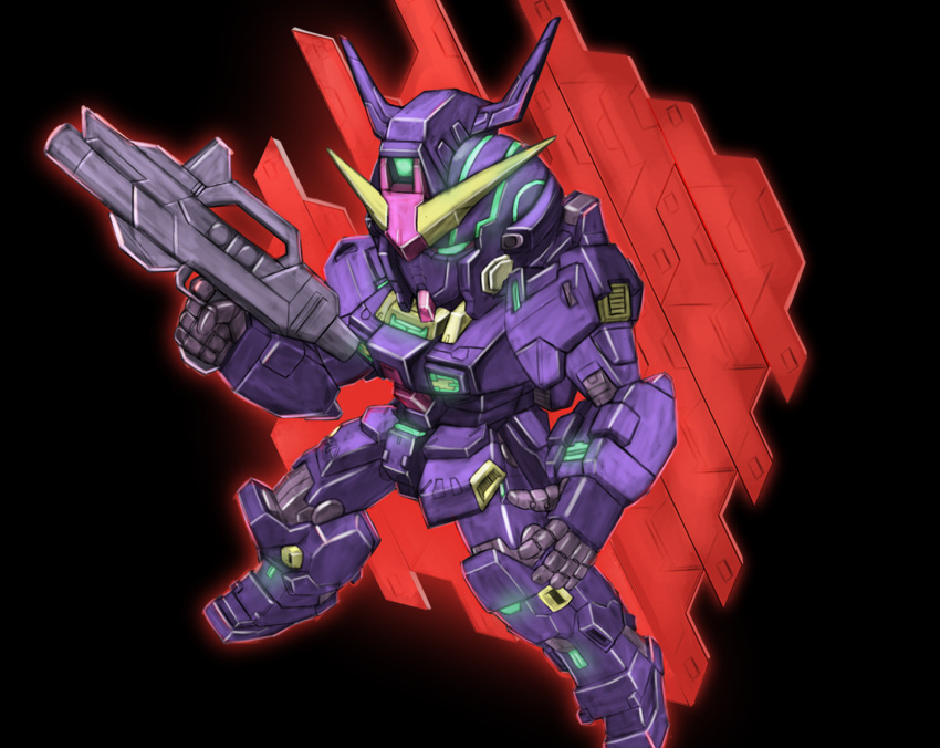 495032158, black_background, chibi, floating, glowing, glowing_eye, green_eyes, gun