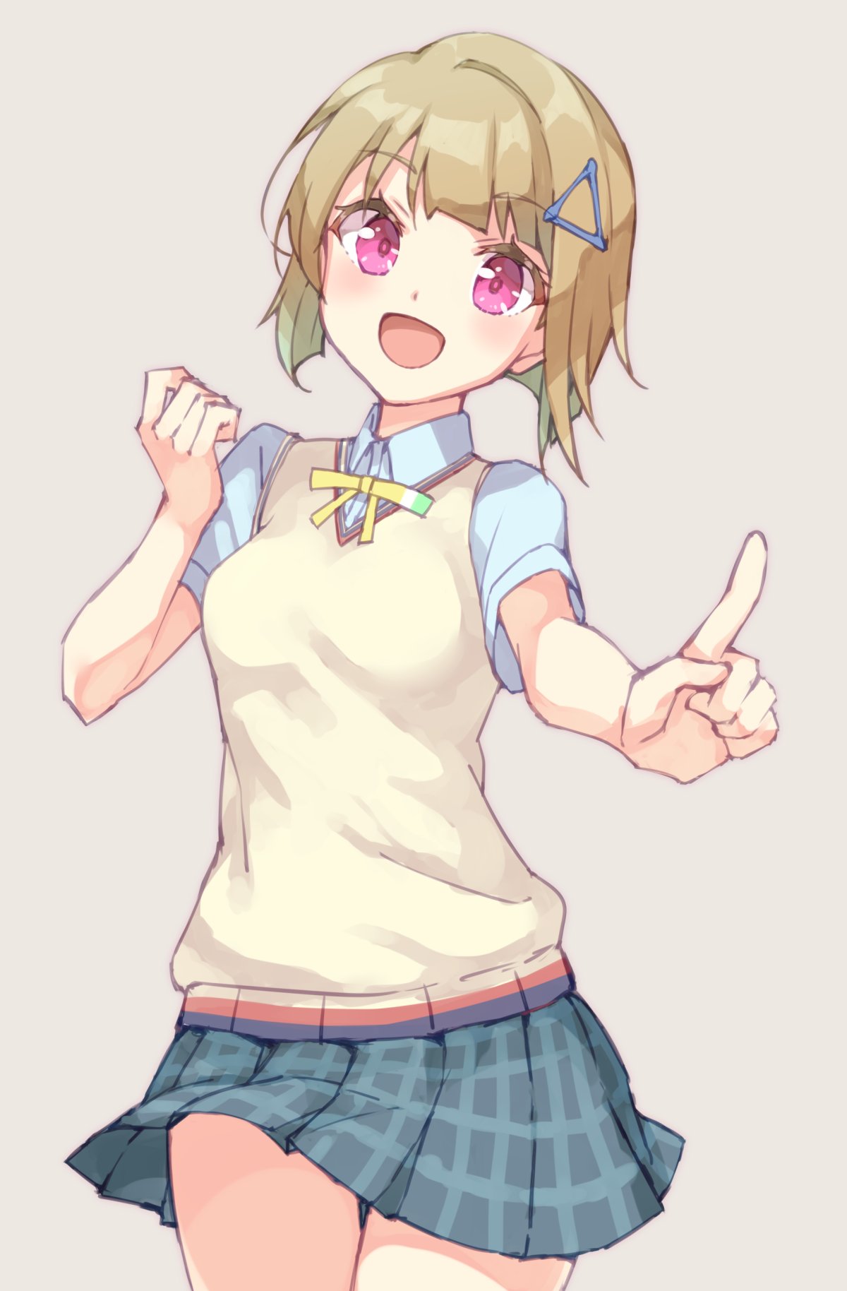 1girl, :d, aqua_hair, asymmetrical_hair, beige_cardigan, blue_skirt, bob_cut, brown_hair, cardigan, cowboy_shot, gradient_hair, grey_background, hair_ornament, hairclip, highres, looking_at_viewer, love_live!, love_live!_nijigasaki_high_school_idol_club, multicolored_hair, nakasu_kasumi, neck_ribbon, nijigasaki_academy_uniform, open_mouth, pink_eyes, pinmisil, plaid, plaid_skirt, pleated_skirt, pointing, pointing_up, ribbon, short_hair, short_sleeves, simple_background, skirt, smile, solo, triangle_hair_ornament