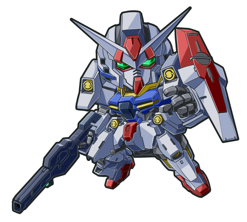 chibi, gun, gundam, gundam_00, gundam_00p, gundam_plutone, highres, holding, holding_gun, holding_weapon, looking_ahead, mecha, meta_meta, no_humans, open_hand, science_fiction, shield, v-fin, weapon, white_background