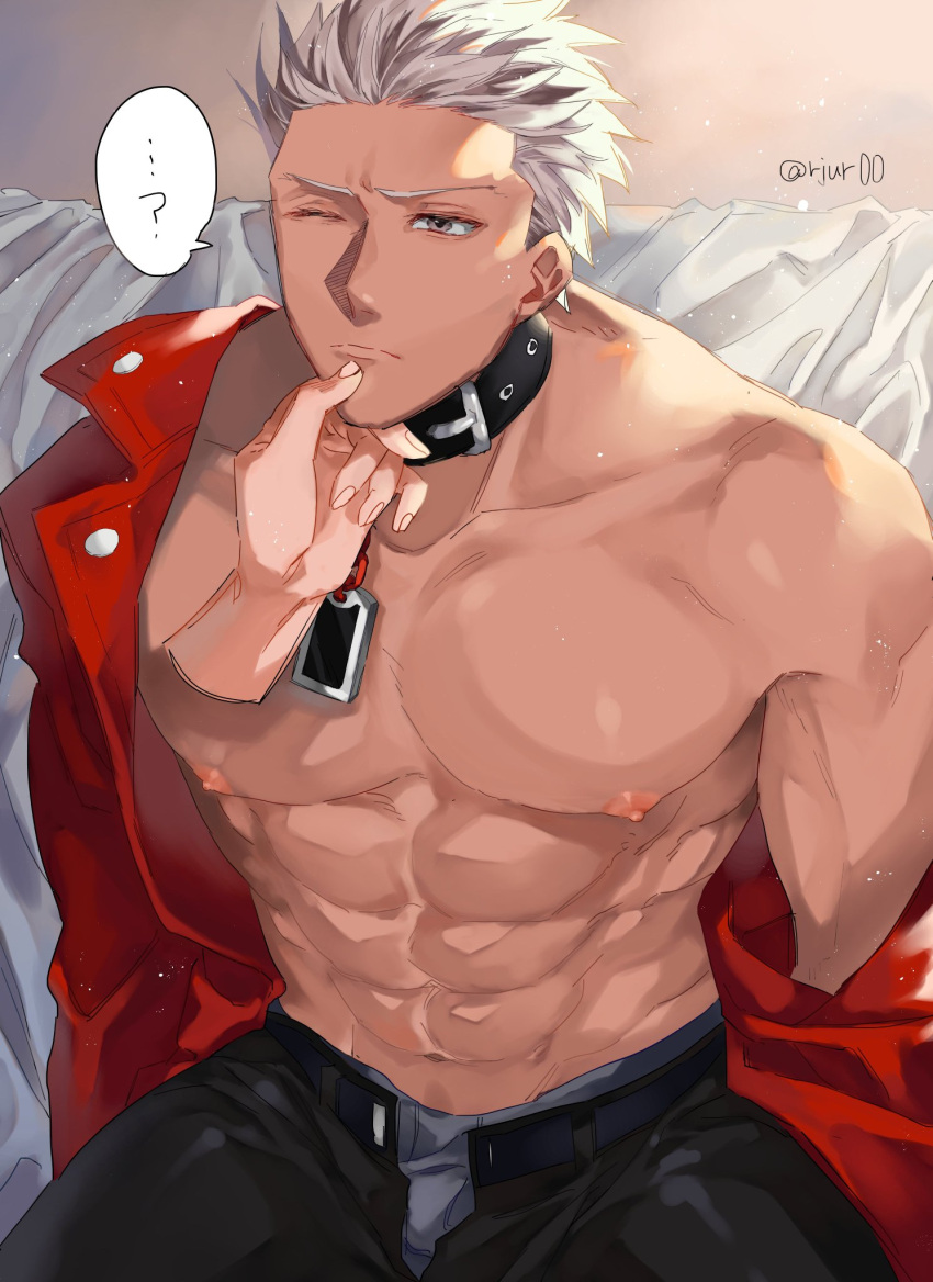 1boy, abs, archer, bare_pecs, belt_collar, black_pants, brown_eyes, bulge