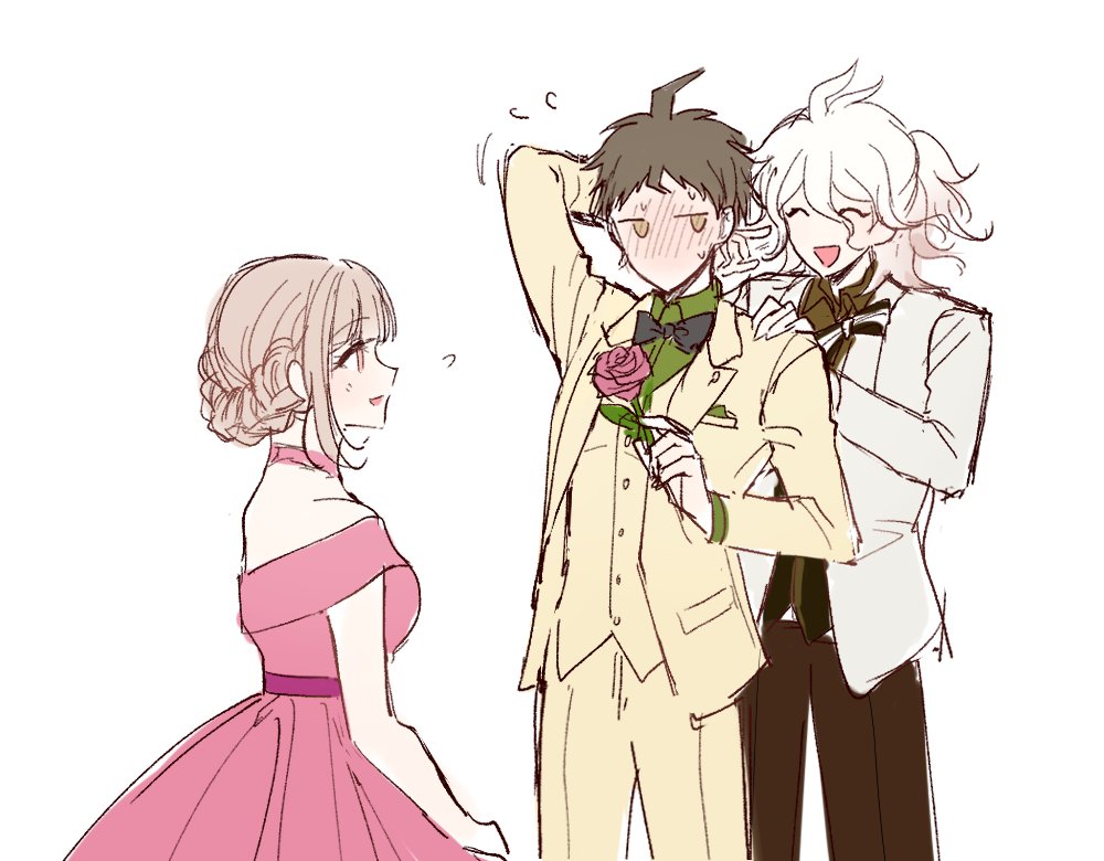 16_(0xhsk16), 2boys, :d, ^_^, ahoge, alternate_hairstyle, arm_up, bangs